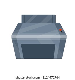 Cartoon illustration - gray printer to print documents in the office. Home appliance. The device with patches and buttons. Work with paper.
