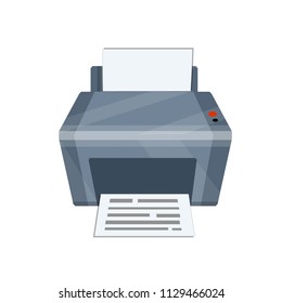 Cartoon illustration - gray printer to print documents in the office. Home appliance. The device with patches and buttons. Work with paper. Ready the letter of the text.
