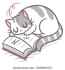A cartoon illustration of a gray and white striped cat sleeping peacefully on an open book.