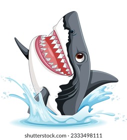 A cartoon illustration of a great white shark with big teeth leaping out of the water with a smile illustration
