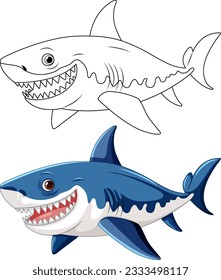 A cartoon illustration of a great white shark with big teeth smiling and swimming illustration