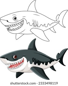 A cartoon illustration of a great white shark with big teeth smiling and swimming illustration