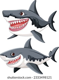 A cartoon illustration of a great white shark with big teeth swimming in different colors illustration