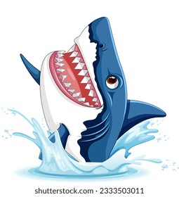 A cartoon illustration of a great white shark with big teeth, leaping out of the water with a smile illustration