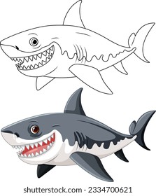 A cartoon illustration of a great white shark with big teeth, swimming and outlined in vector art illustration