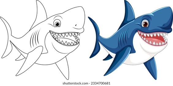 A cartoon illustration of a great white shark with big teeth smiling and swimming, isolated on white