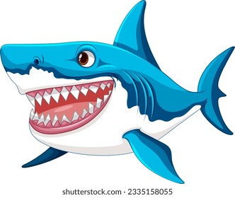 A cartoon illustration of a great white shark swimming and smiling, isolated on a white background illustration