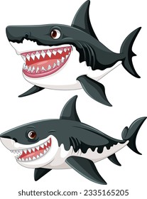 A cartoon illustration of a great white shark with big teeth, swimming and smiling isolated on a white background illustration