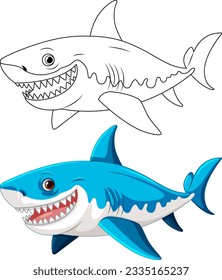 A cartoon illustration of a great white shark with big teeth smiling and swimming illustration