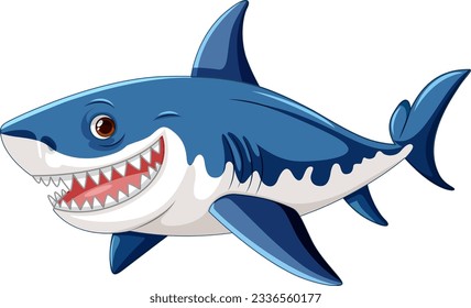 A cartoon illustration of a great white shark with big teeth, swimming and smiling isolated on a white background illustration