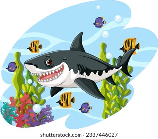 Una caricatura ilustrativa de un gran tiburón blanco con grandes dientes sonriendo y nadando bajo el agua con coral y otros peces ilustración