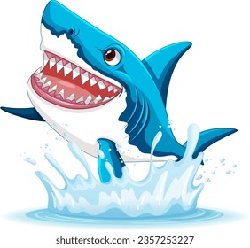 A cartoon illustration of a great white shark with big teeth, leaping out of the water with a smile illustration