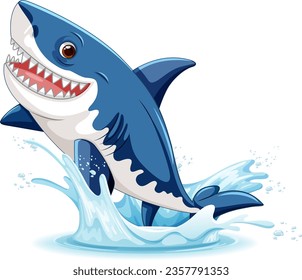 A cartoon illustration of a great white shark with big teeth, leaping out of the water with a smile illustration