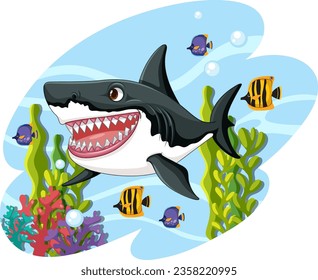 A cartoon illustration of a great white shark smiling and swimming underwater with coral and other fish illustration