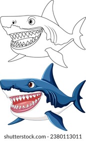 A cartoon illustration of a great white shark with big teeth, swimming and outlined in vector art illustration