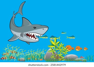 A cartoon illustration of a great white shark smiling and swimming underwater with coral and other fish illustration