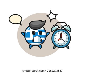 Cartoon Illustration of greece flag badge is surprised with a giant alarm clock , cute style design for t shirt, sticker, logo element