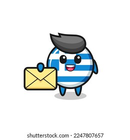 cartoon illustration of greece flag holding a yellow letter , cute style design for t shirt, sticker, logo element