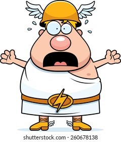 A cartoon illustration of the Greek god Hermes looking scared.