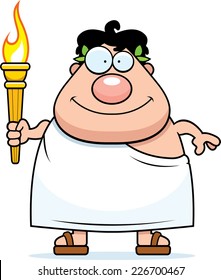 A cartoon illustration of a Greek man holding the Olympic torch.