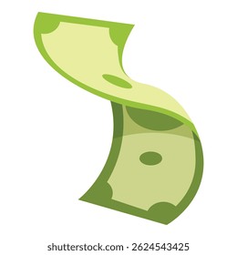 Cartoon illustration of a green banknote waving and flowing in the air, representing finance and investment concepts