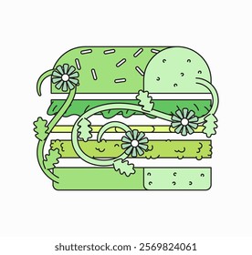 Cartoon illustration green burger adorned with flowers and vines retro hand drawn style for food-related themes, promoting freshness, burger vegan