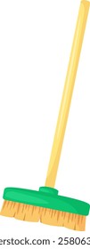 Cartoon illustration of a green cleaning broom with wooden handle standing up on a white background, useful for housekeeping and domestic chores concepts