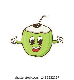 Cartoon illustration of a green coconut with a thumbs up hand, showing a cheerful and funny facial expression. This image is perfect for use in various design projects, such as merchandise, posters, s