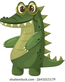 Cartoon illustration of a green crocodile in a standing pose with glasses and a cute face.