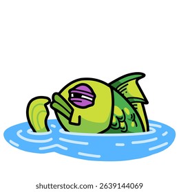 a cartoon illustration of a green fish looking out of the water with a suspicious gaze, cartoon meme