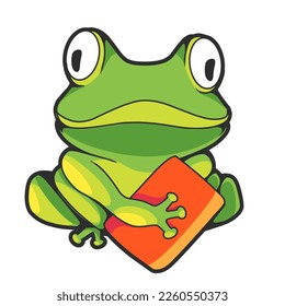 cartoon illustration of a green frog with an orange book on a white background