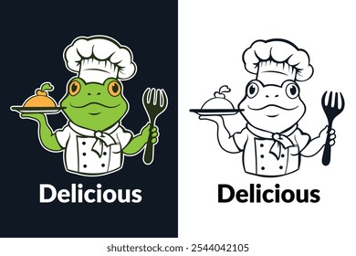 A cartoon illustration of a green frog wearing a chef's hat, holding a platter with food and a fork.