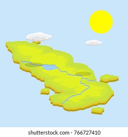 Cartoon illustration - a green island with grass, river, sky and clouds