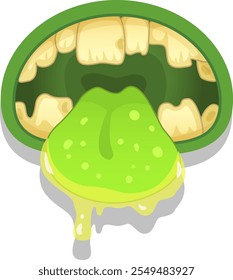 Ilustração de desenho animado de uma boca de monstro verde com sua língua viscosa destacando para fora, dentes mostrando, e saliva pingando, perfeito para projetos de halloween