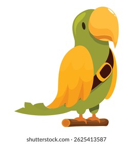 Cartoon illustration of a green parrot wearing a belt and perching on a branch