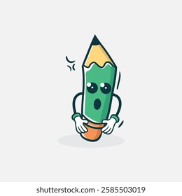 A cartoon illustration of a green pencil with a surprised expression holding its stomach.