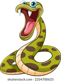 A cartoon illustration of a green polka dot snake with an open mouth and big sharp teeth, isolated on a white background