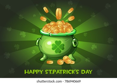 Cartoon Illustration green pot with coin. Set greeting card Happy St.Patrick's Day