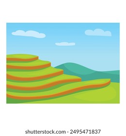 Cartoon illustration of green rice terraces forming steps in a beautiful sunny day, with a blue sky and white clouds