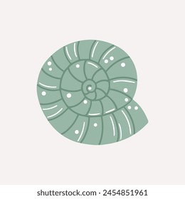 Cartoon illustration of green shark eye snail. Cute hand drawn vector illustration of seashell