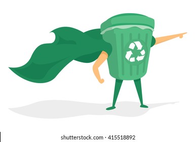 Cartoon illustration of green super recycling hero saving the day 