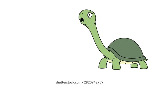 A cartoon illustration of a green turtle with a long neck looking surprised or shocked against a white background.