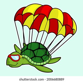 cartoon illustration of green turtle play skydiving in light blue background