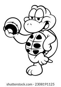 Cartoon illustration of Green Turtle playing volleyball at beach. Best for outline, logo, and coloring book with summer themes