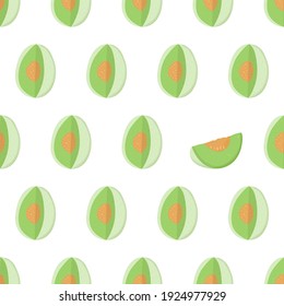 Cartoon illustration with green whole honeydew and slice seamless pattern. Eye catching element. Sweet melon fruit art for print design, fabric, textile, wrapping paper. Fresh cantaloupe background.