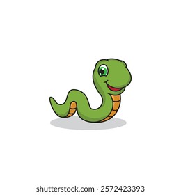 A cartoon illustration of a green worm with a smiling face and a segmented orange underbelly, casting a shadow on a white background