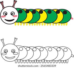 A cartoon illustration of a green and yellow caterpillar with a big smile. The caterpillar has a round body with multiple segments and two small antennae. There is also an outline of the caterpillar w