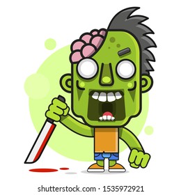 Cartoon Illustration With Green Zombie On White Background. Colorful Silhouette. Spooky Halloween Silhouette. Horror Halloween Background. Vector Illustration Art.
