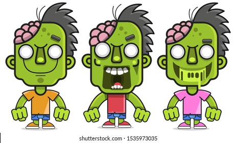 Cartoon Illustration With Green Zombie On White Background. Colorful Silhouette. Spooky Halloween Silhouette. Horror Halloween Background. Vector Illustration Art.