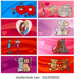 Cartoon Illustration of Greeting Cards Designs with People and Animal Characters in Love and Valentines Day Themes Set